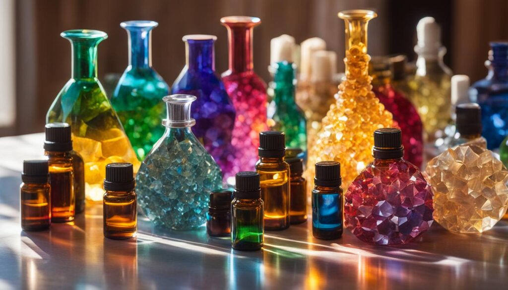 combinação de óleos essenciais e cristais